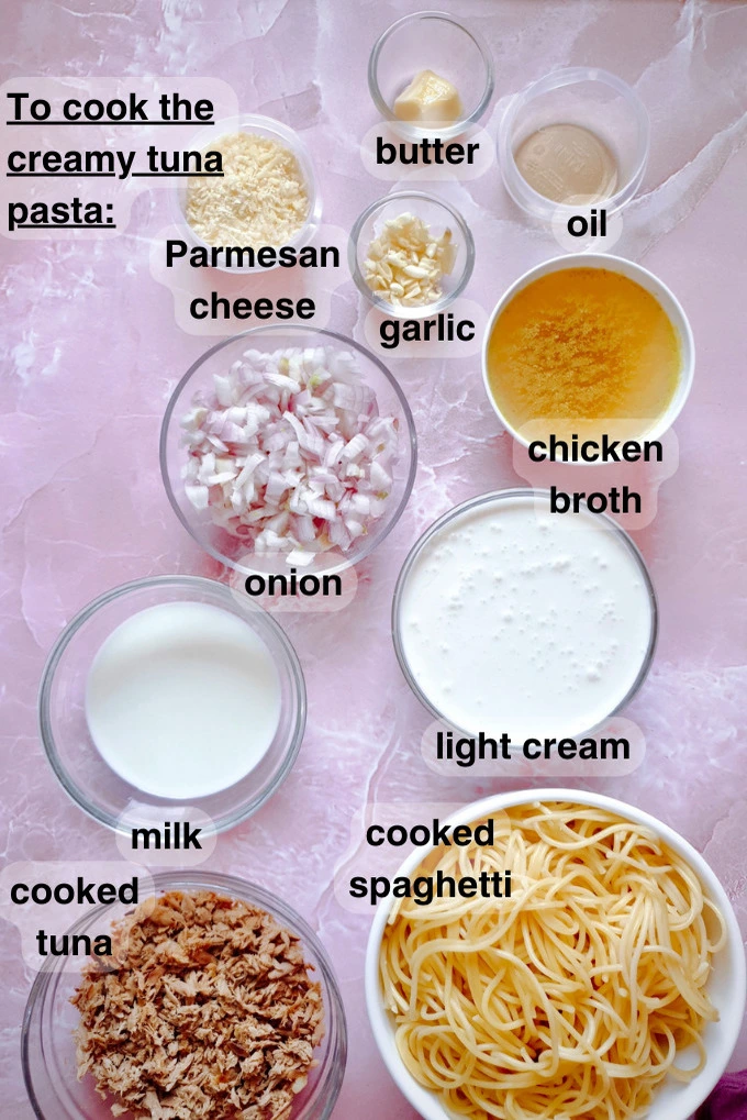 Ingredients to cook best and easy Creamy Garlic Canned Tuna Pasta Recipe in separate bowls such as Parmesan cheese, butter, oil, garlic, chicken broth, onion, milk, light cream, cooked tuna and cooked spaghetti