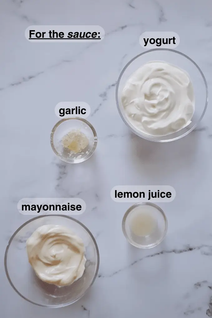 Chopped garlic, yogurt, mayonnaise and lemon juice in seperate bowls