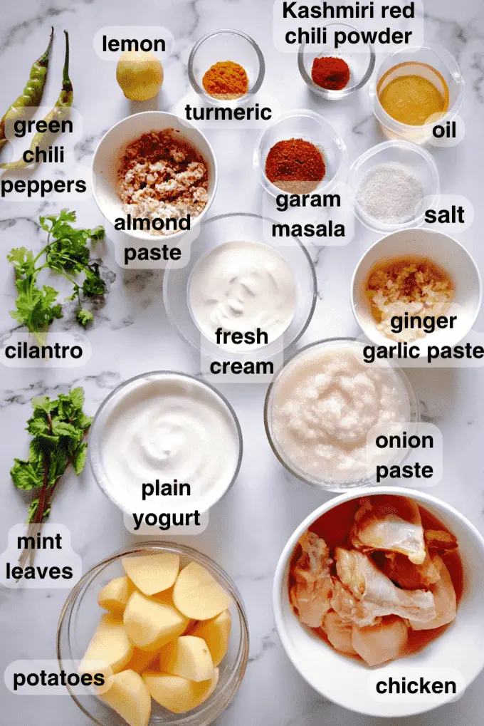 Ingredients for Rich and Aromatic Indian Chicken Korma Curry Cooked in Yogurt in seperate bowls such as green chili peppers, cilantro, mint leaves, potatoes, plain yogurt, almond paste, turmeric, lemon, fresh cream, garam masala, Kashmiri red chili powder, oil, salt, ginger garlic paste, onion paste and chicken