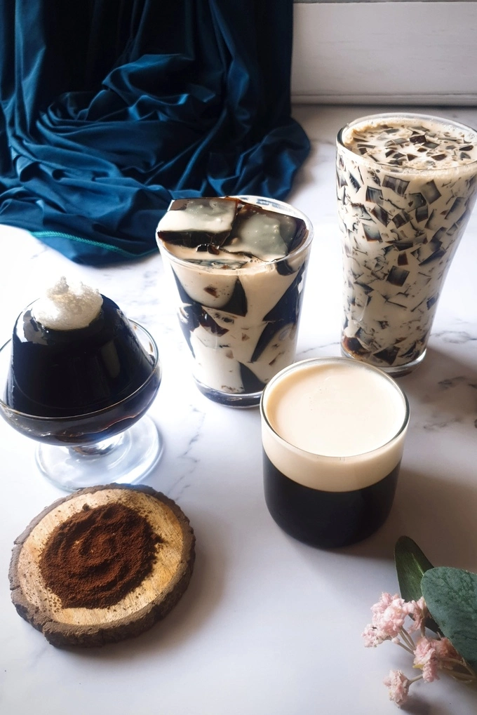 Homemade Coffee Jello Recipe with Condensed Milk Cream served in four different ways in four different glasses