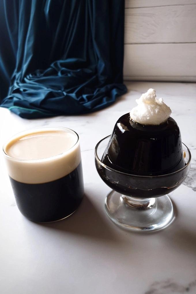 Homemade Coffee Jello Recipe with Condensed Milk Cream in set differently in two dessert cups