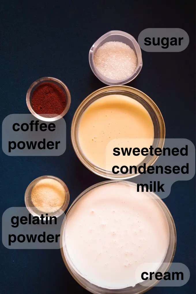 Ingredients in small bowls for Homemade Coffee Jello Recipe with Condensed Milk Cream like sugar, coffee powder, sweetened condensed milk, gelatin powder and cream