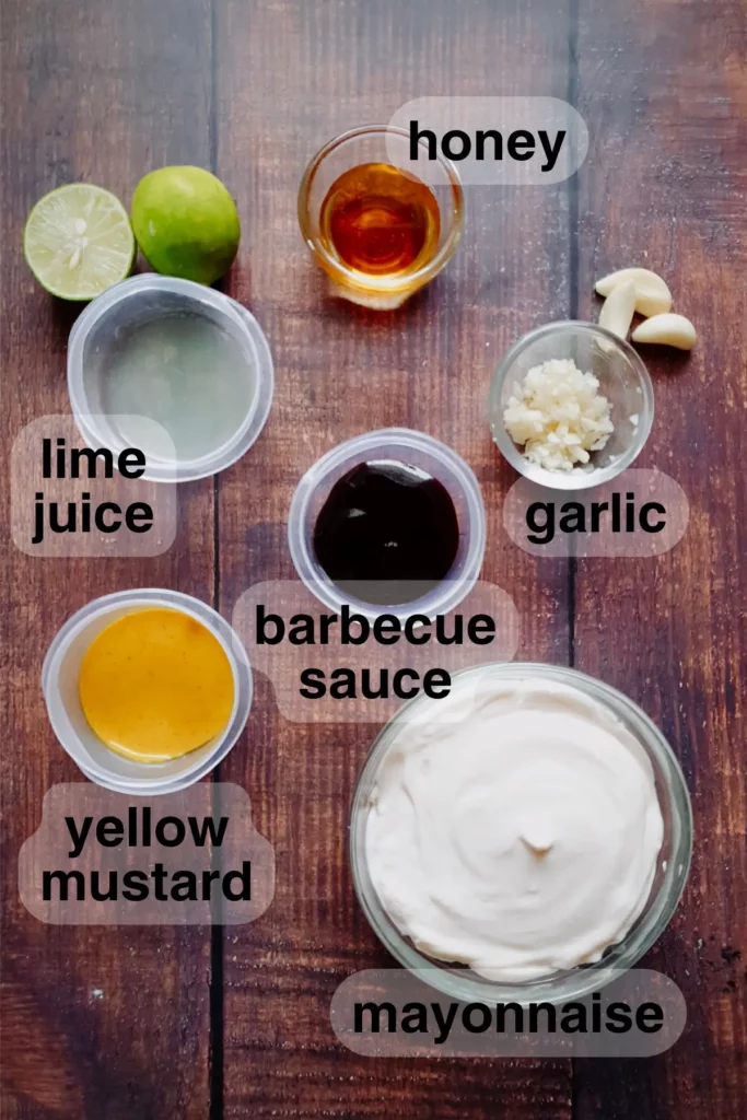 All ingredients needed to make the dressing for gluten free chicken salad recipe with fried chicken.
