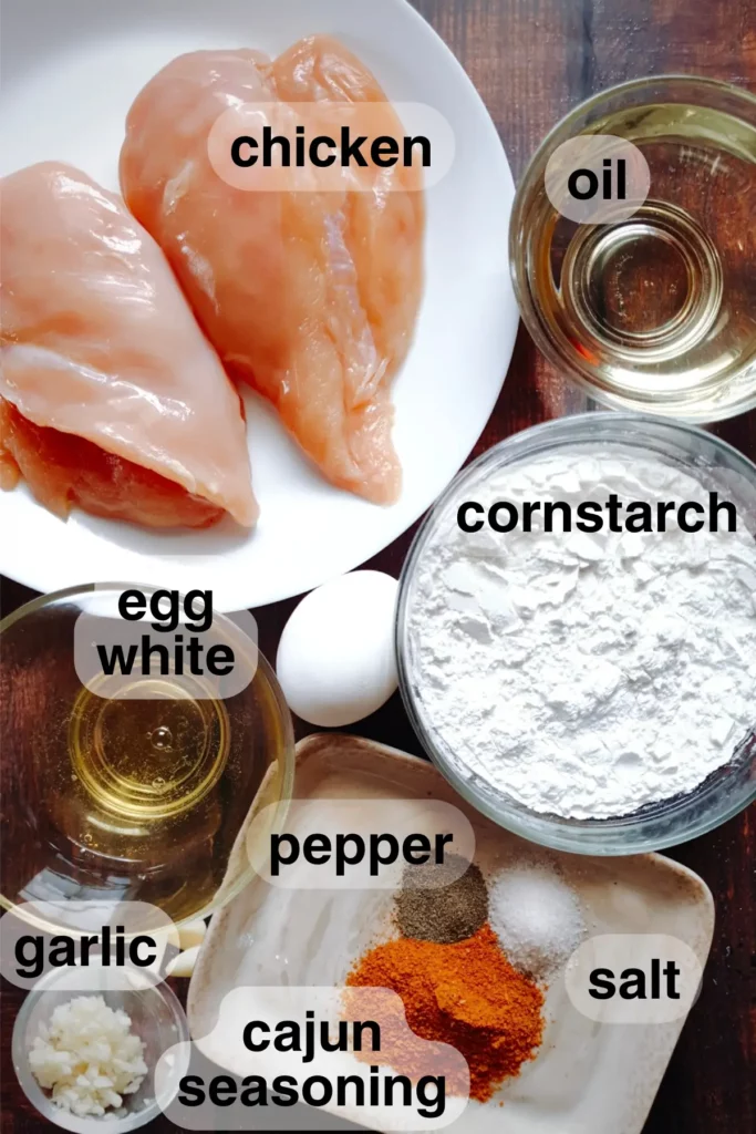 All ingredients needed to cook the fried chicken for a gluten free chicken salad recipe with fried chicken.